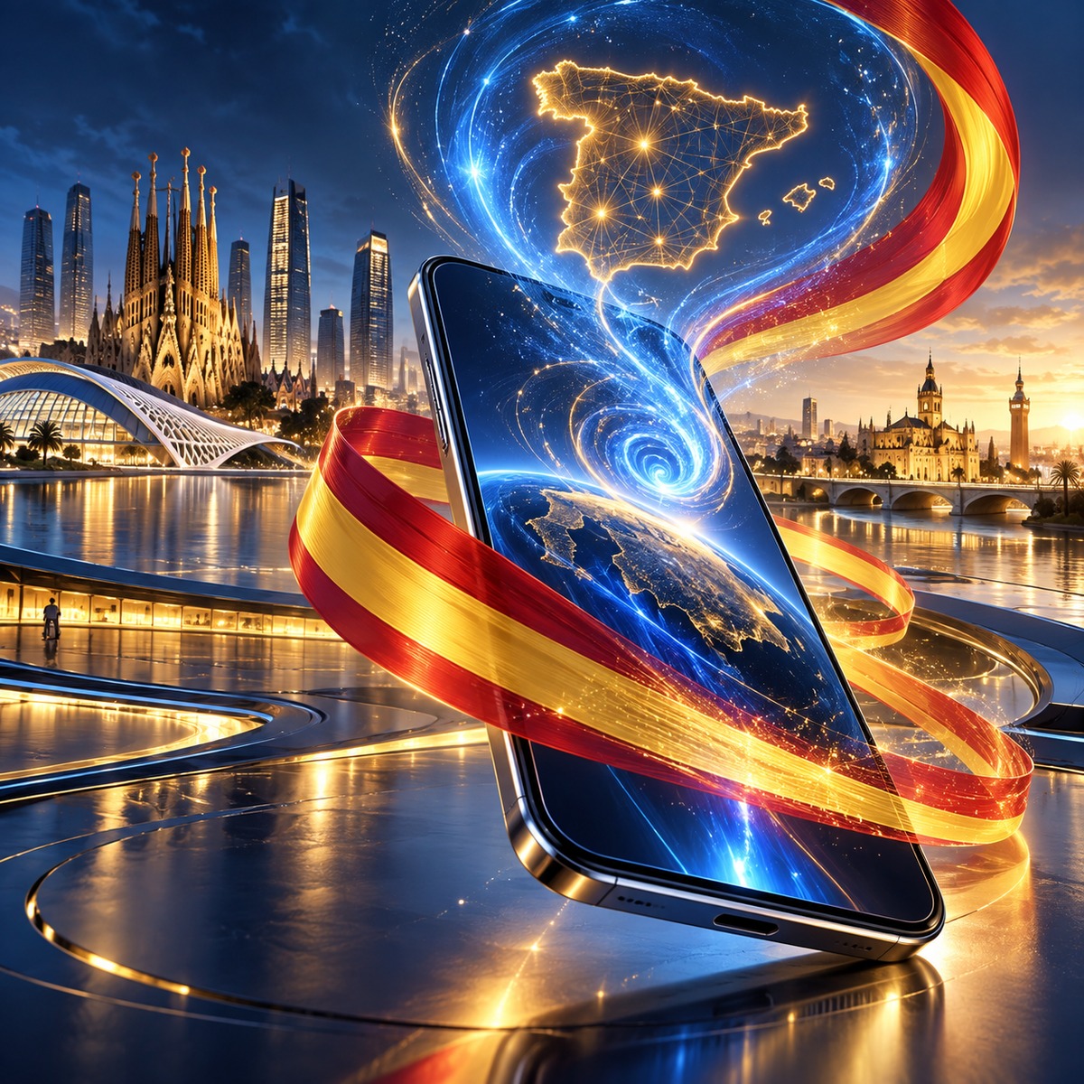 Ilustración conceptual de un smartphone con mapa luminoso de España y elementos tecnológicos