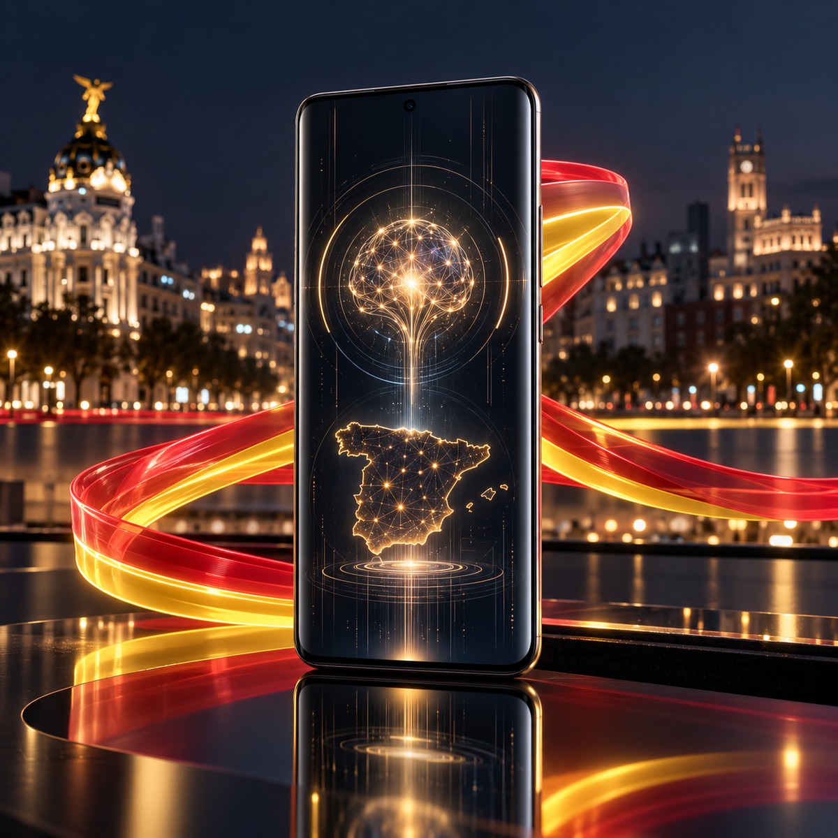 Visual conceptual de un teléfono con interfaz de IA frente a un entorno urbano nocturno en España