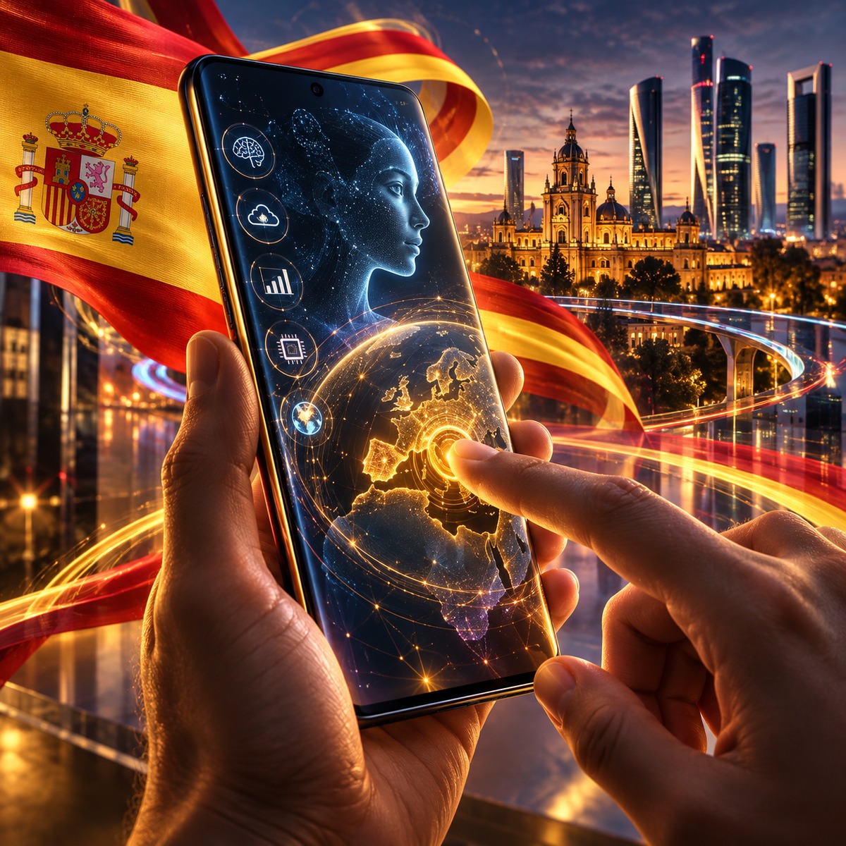 Manos interactuando con un teléfono que muestra un mapa digital y funciones de IA