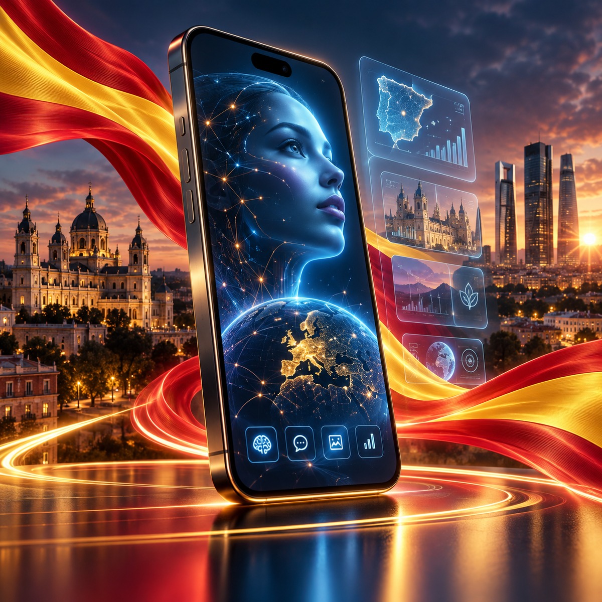 Visualización conceptual de un smartphone con paneles de datos y fondo urbano español al atardecer