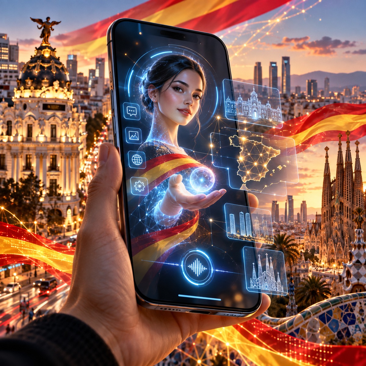 Escena conceptual de una mano sosteniendo un teléfono con interfaz creativa e iconos digitales