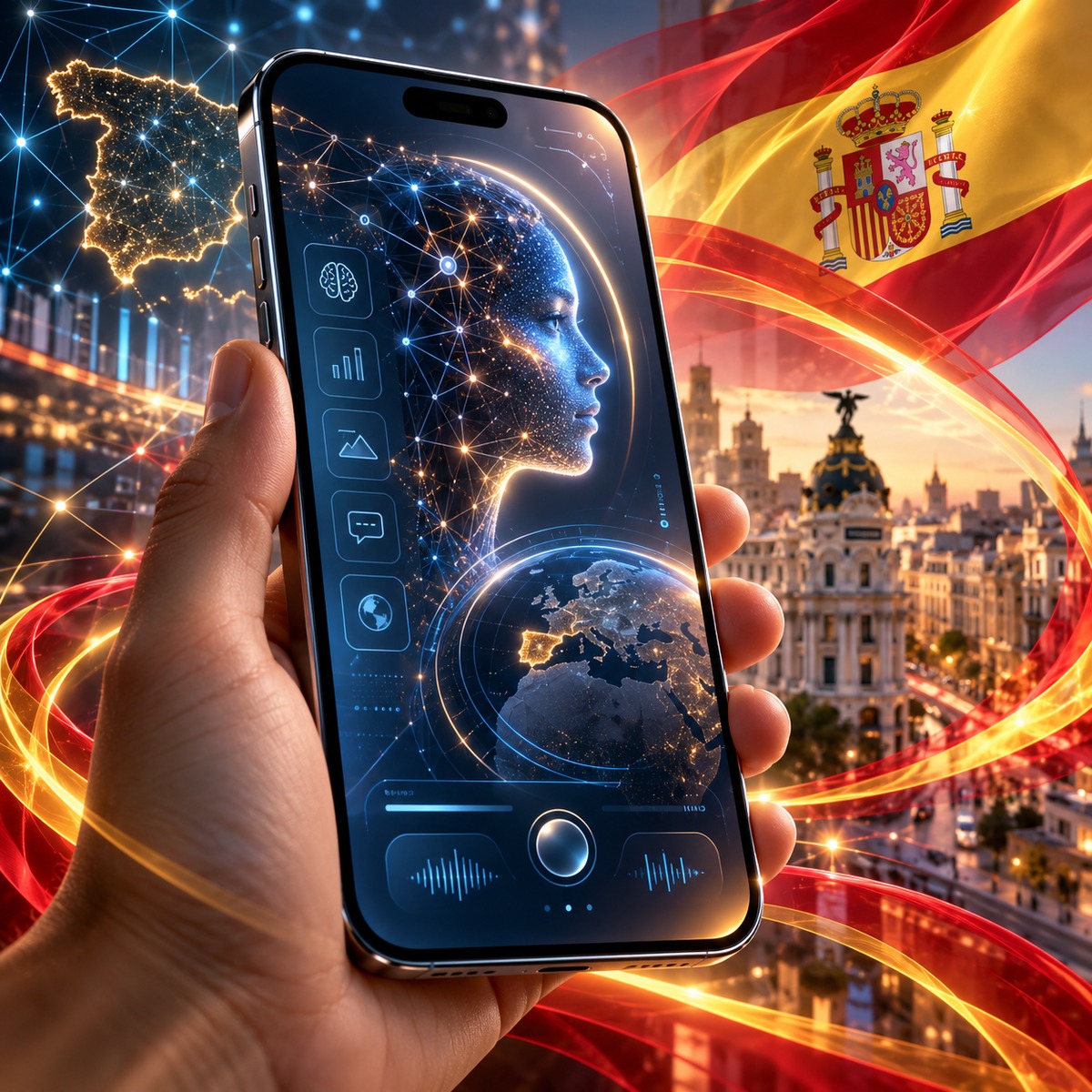 Representación conceptual de un smartphone con interfaz analítica, mapa de España y entorno urbano